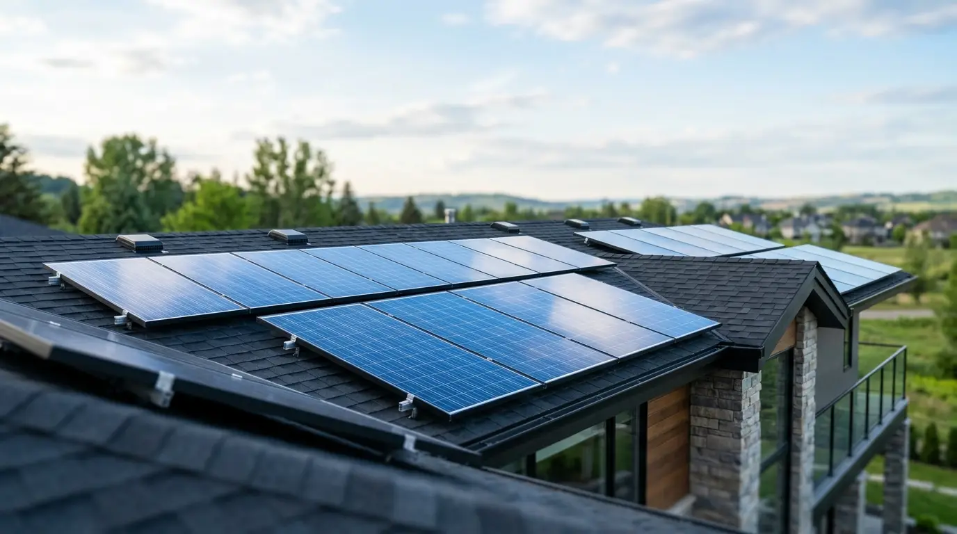 Paneles solares fotovoltaicos instalados en la cubierta de una vivienda